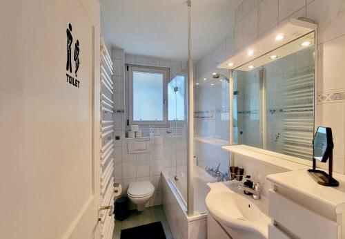 a white bathroom with a toilet and a sink at Mountain Holiday in Wimmis