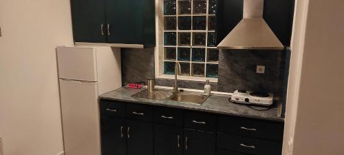 a kitchen with a sink and a white refrigerator at Petrino 2 by Vasileia in Sarti