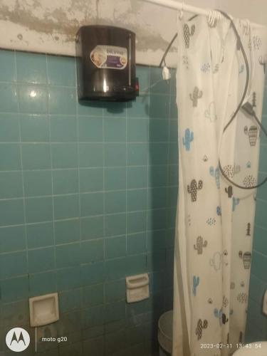 a bathroom with a shower curtain and a toilet at La Comuna in Mar del Plata