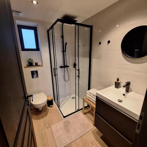 une salle de bain avec une douche, des toilettes et un lavabo dans l'établissement Maison 