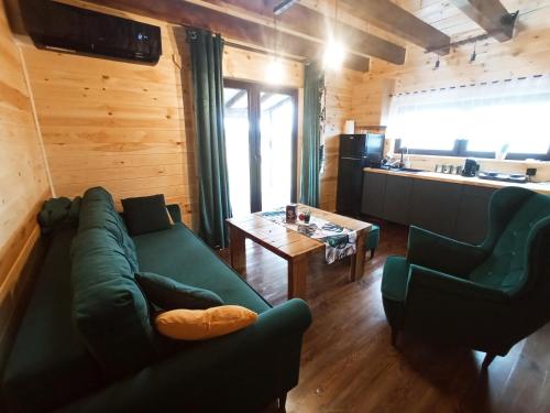 a living room with a green couch and two chairs at Domek Tomaszne in Uścimów