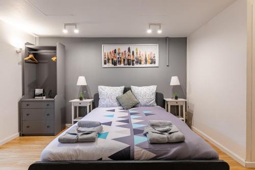 une chambre avec un grand lit avec des oreillers dessus dans l'établissement Studio Orangerie & centre, à Strasbourg