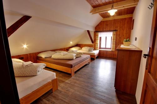 Cette chambre comprend 3 lits et une fenêtre. dans l'établissement Chalupa Chlum Míša, à Volary
