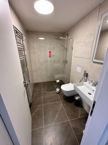 a bathroom with a sink and a shower and a toilet at Designový apartmán Molo Lipno in Český Krumlov