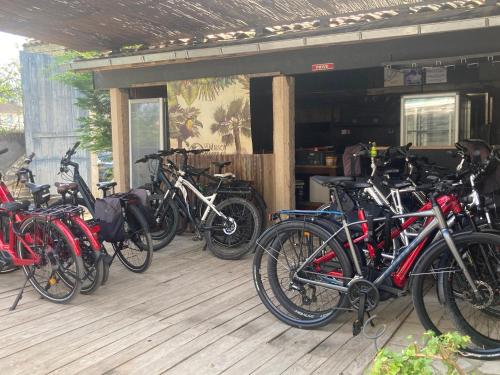 un grupo de bicicletas estacionadas en una terraza de madera en Art'Hotel & SPA Le Potin Gourmand, en Cluny