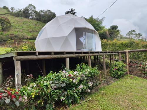 a dome house on a wooden bridge with flowers at Rainbow Glamping in Abejorral