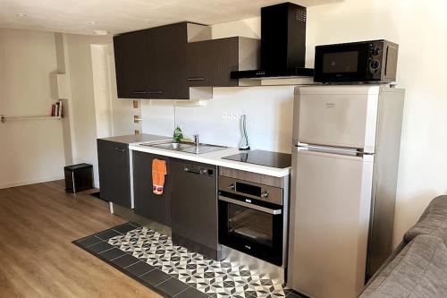 Il comprend une cuisine équipée d'un réfrigérateur et d'une cuisinière. four supérieur dans l'établissement Appt au MEETT, Airbus, Aéroport, à Aussonne