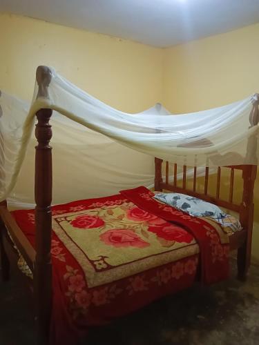 a bedroom with a bed with a canopy at foxxies guest house in Buloba