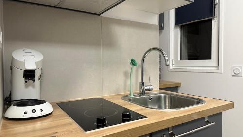 une cuisine avec un évier et un plan de travail dans l'établissement Lacharriere-Logement entier 38m2, à Paris