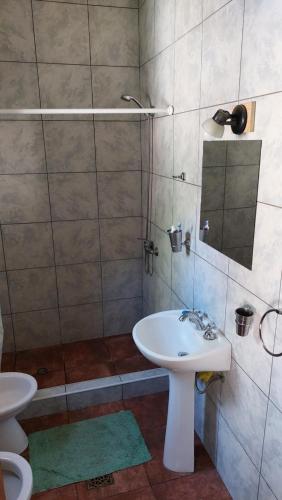 a bathroom with a sink and a shower at Como en casa in Uspallata