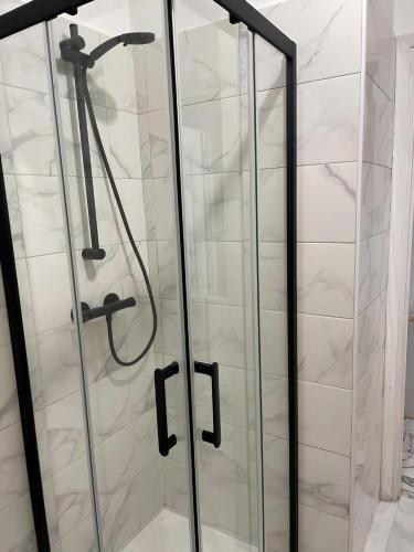 La salle de bains est pourvue d'une douche avec des portes en verre. dans l'établissement Studio 50 m de la mer - Centre - Proche mer, à Nice