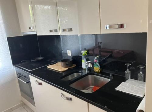 a kitchen with a sink and a black counter top at Cheap flat close to Baden, CH in Niederrohrdorf