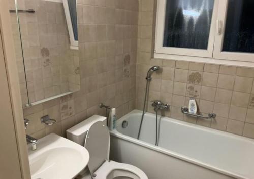 a bathroom with a toilet and a tub and a sink at Cheap flat close to Baden, CH in Niederrohrdorf