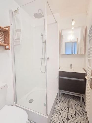 une salle de bain avec une douche, un lavabo et des toilettes dans l'établissement T2 vue mer accès direct plage le barcares, au Barcarès