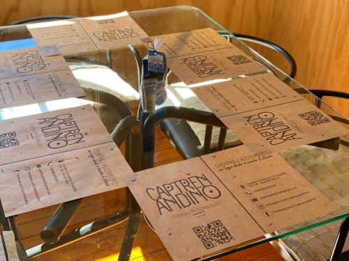 a glass table with signs on top of it at Cabañas Captren Andino in Curacautín