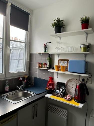 une cuisine avec un évier et un plan de travail dans l'établissement Cosy studio Paris Opera with lift Ascenseur, à Paris