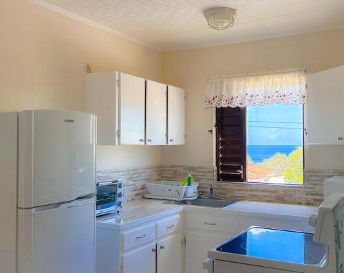 a kitchen with a white refrigerator and a window at Apartment 6, Kenridge Residences, West coast in Saint James