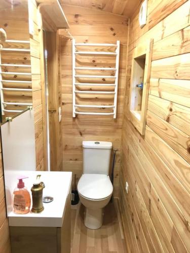 une petite salle de bain avec toilettes et lavabo dans l'établissement Baie Normandie Cottage Tiny House,40min Mt St Michel 30min Mer Draps Serviettes, à La Chapelle-Cécelin