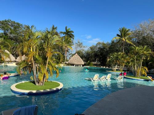 uma piscina num resort com palmeiras e cadeiras em GOLF CORONADO LUXURY MANGO SUITE PRIVATE POOL FEE INCLUDED em Playa Coronado
