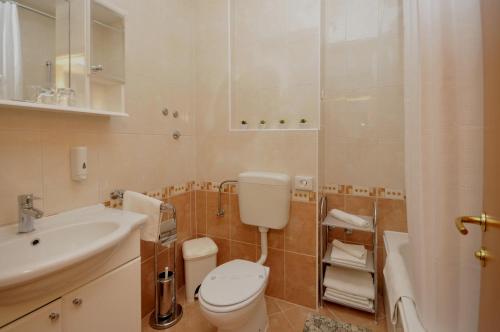 La salle de bains est pourvue de toilettes, d'un lavabo et d'une douche. dans l'établissement Apartments and rooms with parking space Trogir - 22531, à Trogir