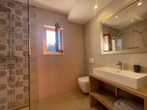 ein Badezimmer mit Waschbecken, Toilette und Spiegel in der Unterkunft Secluded fisherman's cottage Cove Pakomina, Hvar - 22535 in Gdinj