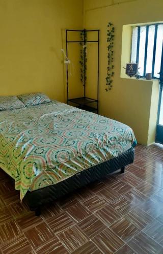 a bedroom with a bed and a wooden floor at Hostal Republic in Mérida