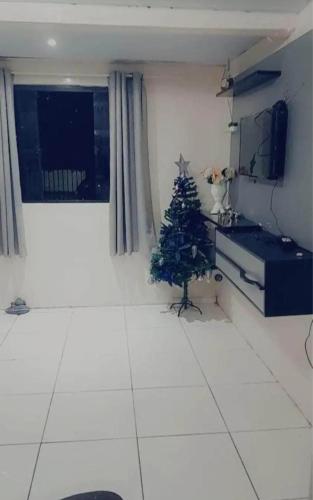 a living room with a christmas tree in the corner at Ap mobiliado in Guarapuava