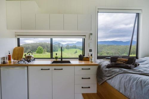 cocina con fregadero y ventana grande en Tiny Nancy, en Bellingen