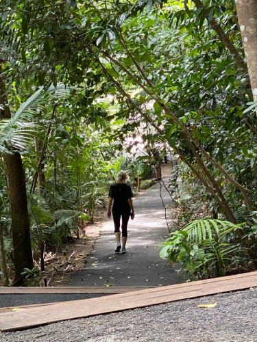a man walking down a path in the jungle at Luxe Palm Studio Villa - In the heart of Edge Hill in Edge Hill
