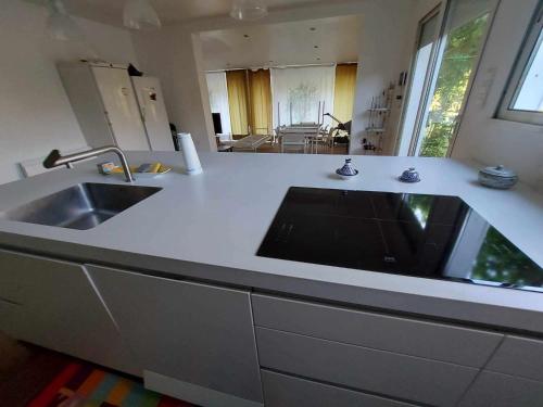 une cuisine avec un évier et un plan de travail dans l'établissement Villa lumineuse pieds dans l'eau, accès plage direct, clim, jardin, Free WIFI, park, idéale famille! - FR-1-423-295, au Grau-dʼAgde