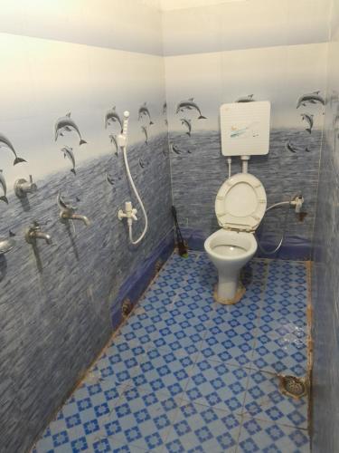łazienka z toaletą z ptakami na ścianie w obiekcie Ram priya kunj Atithi Niketan w mieście Ayodhya