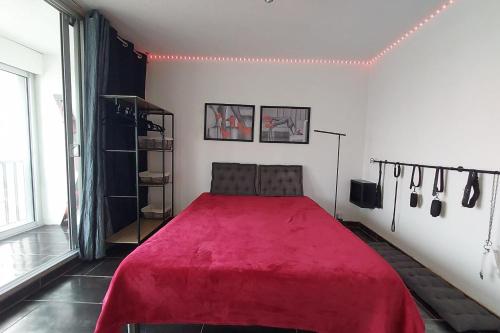 カップ・ダグドにあるCap d'Agde Naturist Héliopolis 81のベッドルーム(赤い毛布付)