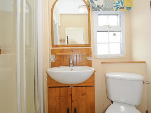 uma casa de banho com um lavatório, um WC e um espelho. em Little Malory em Launceston