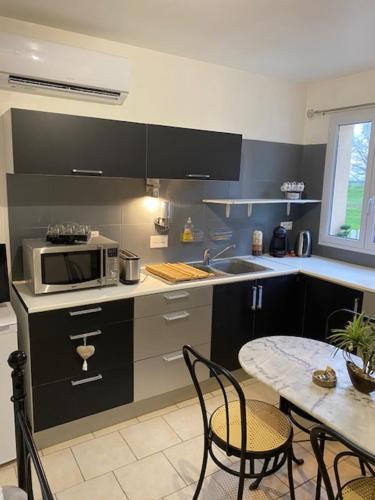 a kitchen with a table and a microwave at Cottage a la campagne avec piscine et SPA in Ardentes