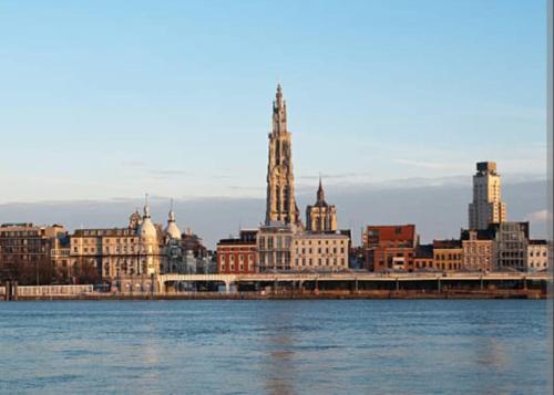 a view of a city from the water at Charming Bohemian central app in Antwerp