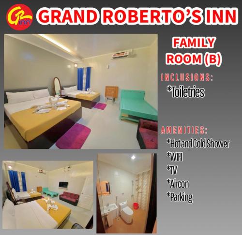 un collage di due foto di una camera d'albergo di Grand Roberto's Inn a Bangued