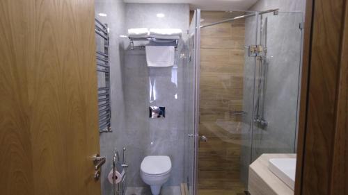 a bathroom with a shower with a toilet and a sink at Metekhi Boutique Hotel in Tbilisi City