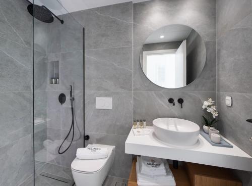 a bathroom with a toilet and a sink and a mirror at Aeliades Villas in Agios Nikitas