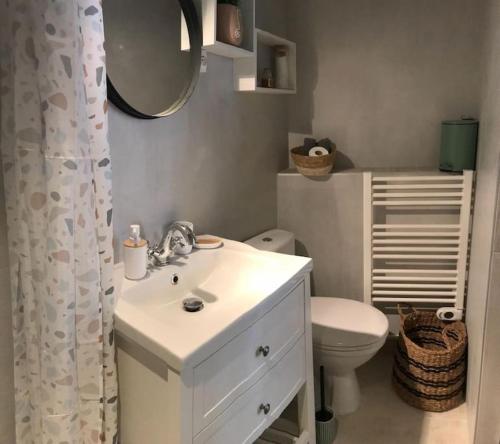 une salle de bain avec un lavabo, des toilettes et un miroir dans l'établissement Lumineux studio sous les toits de Menton, à Menton