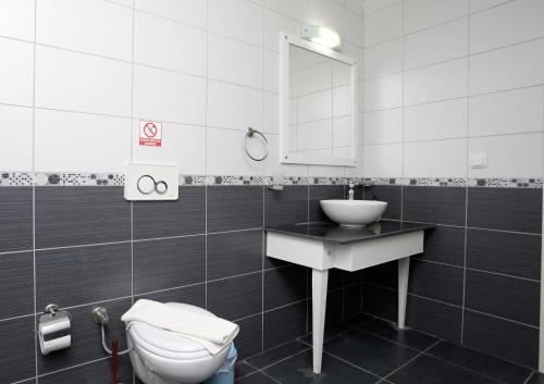 a bathroom with a sink and a toilet and a mirror at Villa Raya2 in Fethiye