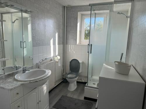 a white bathroom with a toilet and a sink at Appartement OMAHA BEACH in Saint-Laurent-sur-Mer
