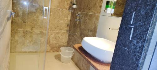 ein Bad mit einem Waschbecken und einer Glasdusche in der Unterkunft hotel badri palace in Jodhpur