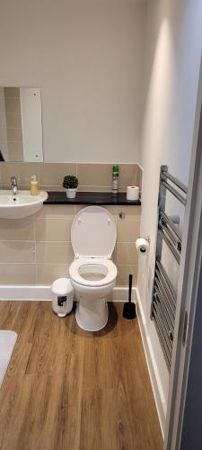 a bathroom with a white toilet and a sink at Cosy Home in London