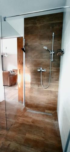 a bathroom with a shower with a glass door at Retro stodoła Siedlisko Klocówka Roztocze Całoroczna agroturystyka in Majdan Wielki