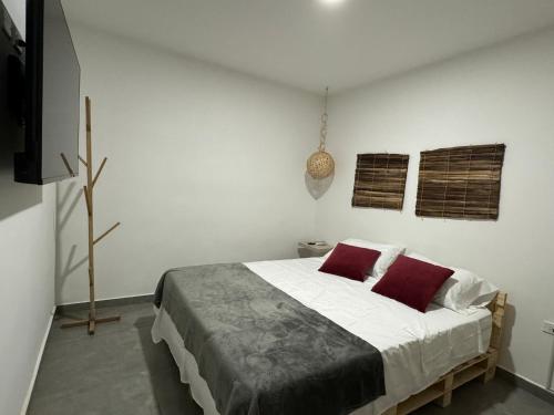 a white bedroom with a bed with two red pillows at Apartamentos Area Medica Imbanaco in Cali