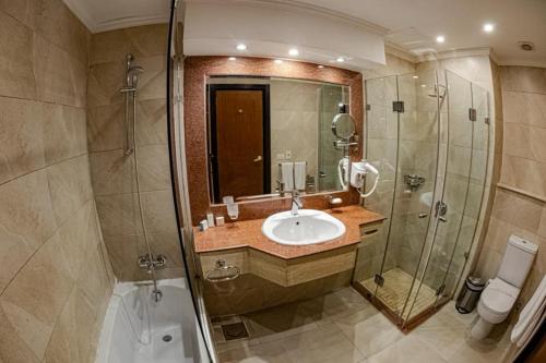 uma casa de banho com um lavatório e um chuveiro em paradise hotel no Cairo