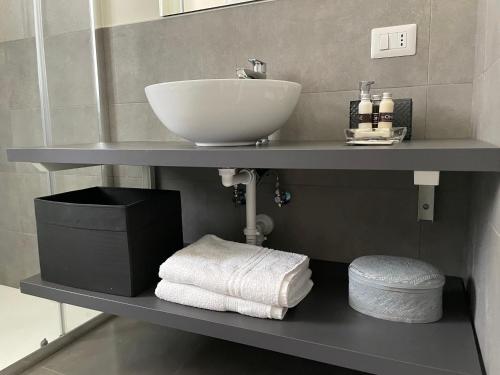 a bathroom with a sink on a shelf with towels at Polinesia 5 in Lido delle Nazioni
