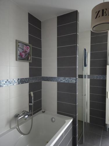 La salle de bains est pourvue d'une baignoire et d'une douche. dans l'établissement Superbe villa 6 personnes proche océan et lac, à Linxe