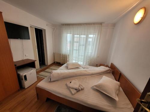 a bedroom with two beds and a large window at Pensiunea Trei Brazi in Tîrgu Ocna