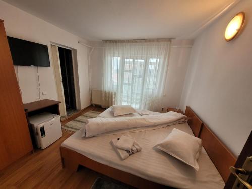 a bedroom with two beds and a large window at Pensiunea Trei Brazi in Târgu Ocna